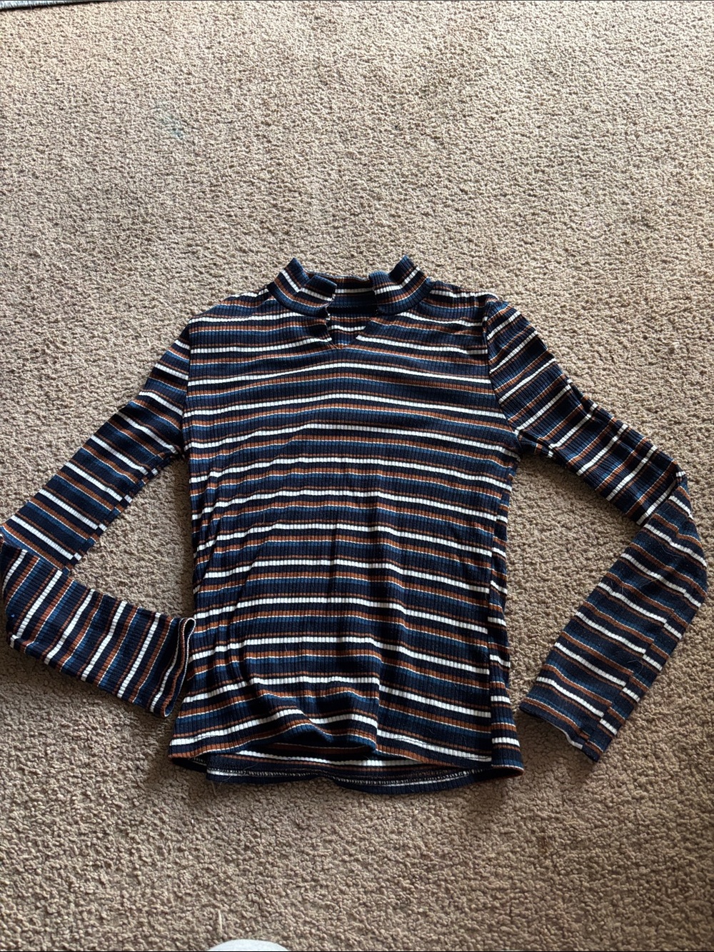 Striped Ribbed Long Sleeve Mock Neck Top - Navy, White, Rust